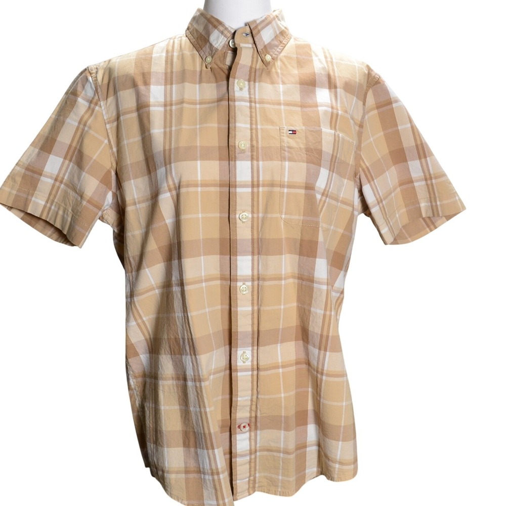 Tommy Hilfiger Men's Short Sleeve Plaid Button Shirt Regular‎ Fit Stretch Size M